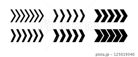 Chevron arrow patterns set. Chevron shape line. Motion direction road line. Triangle arrow sign. Warning repeat striped. Swipe icon. Design element. Vector illustration isolated on white background 125019340