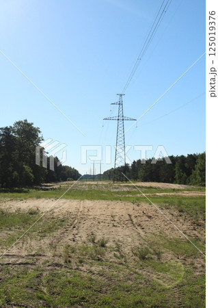a tower for wires. A line of high-voltage wires under voltage runs through the entire forest a tower for wires. A line of high-voltage wires under voltage runs through the entire forest 125019376
