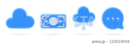3d set of blue fur fluffy ui icon for web design. Cloud data storage, money banknote, ai cloud and speech bubble render. Digital technology, business and finance, communication. 3D illustration 125019593