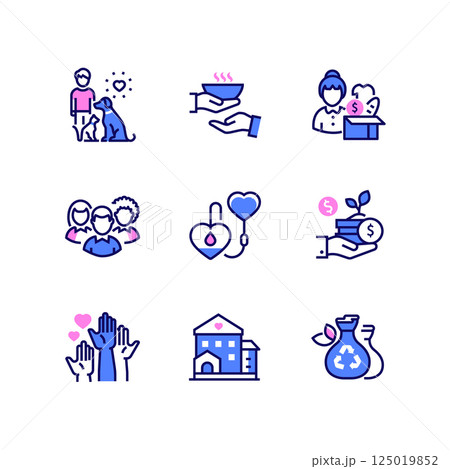 Volunteering and support - line design style icons set Volunteering and support - line design style icons set 125019852