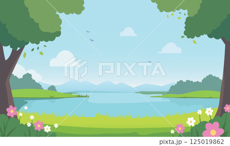 Lake River Mountain Nature Landscape in Park Garden with Flowers Plant Tree in Summer Lake River Mountain Nature Landscape in Park Garden with Flowers Plant Tree in Summer 125019862