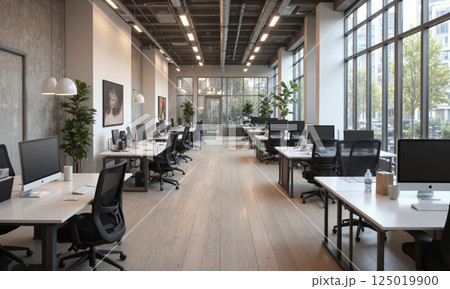 Modern shared office with standing desks, minimalist design, and bright task lighting. Task lighting focuses on each workstation, while ambient lights from 125019900