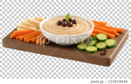 Mocha mousse-flavored hummus made from a coffee-infused blend of chickpeas, olive oil, and spices, served with pita bread and fresh 125019946