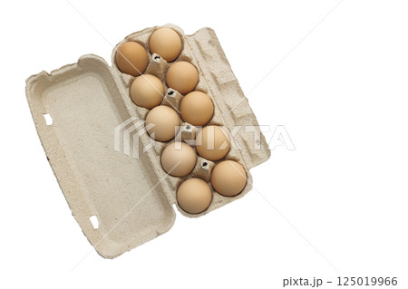 Light brown organic raw chicken eggs in package isolated on white background. Light brown organic raw chicken eggs in package isolated on white background. 125019966