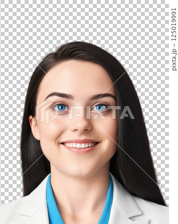 Teenage girl with short, straight black hair and bright blue eyes, a focused, confident smile. She wears a formal suit 125019991