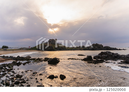 「青森県」ウミネコ繁殖地、蕪島の夕景 ・八戸市 125020008