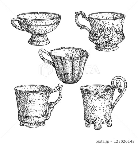porcelain cup set sketch hand drawn vector porcelain cup set sketch hand drawn vector 125020148