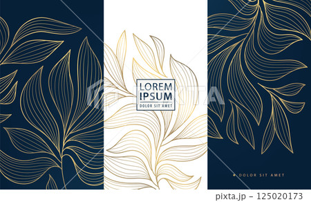 Vector set of gold luxury art deco backgrounds, nature fancy ornate pattern. Leaf floral wine, spa, beauty products, perfume, tea design. Vintage box elegant template. Vector set of gold luxury art deco backgrounds, nature fancy ornate pattern. Leaf floral wine, spa, beauty products, perfume, tea design. Vintage box elegant template. 125020173