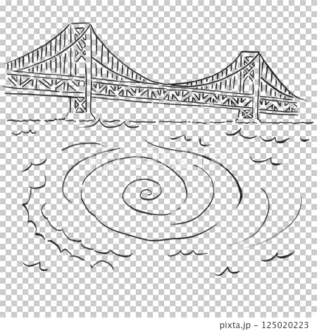 Tourism/Shikoku Tokushima Prefecture's famous spot "Onaruto Bridge and Naruto Whirlpools" _ Hand-drawn line drawing, monochrome illustration 125020223