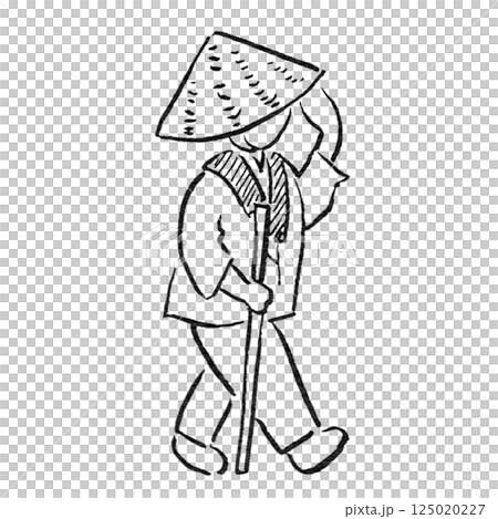 観光/四国徳島県の「お遍路さん」＿手描き線画カットイラスト・モノクロ 125020227