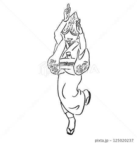 観光/四国徳島県の阿波踊り[女踊りの手描き線画カットイラスト]モノクロ 125020237