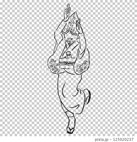 観光/四国徳島県の阿波踊り[女踊りの手描き線画カットイラスト]モノクロ 125020237
