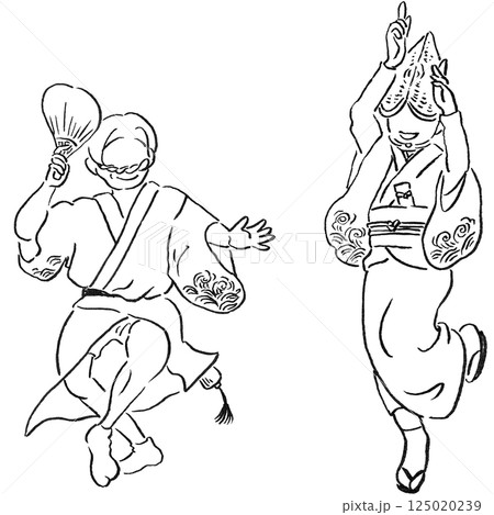 観光/四国徳島県の阿波踊り[女踊りと男踊りの手描き線画カットイラスト]セット＿モノクロ 125020239
