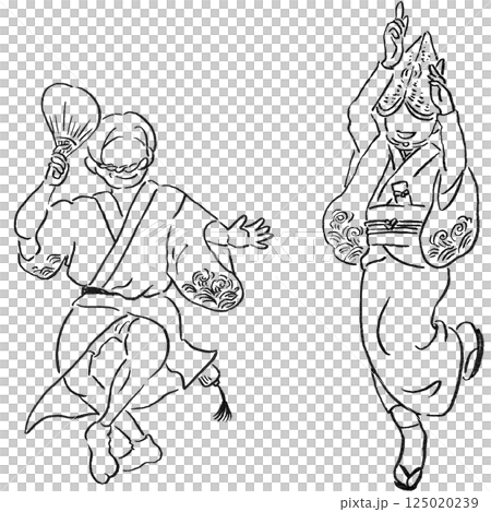 旅遊/四國德島縣阿波舞[手繪線描女性和男性舞者] set_monochrome 125020239