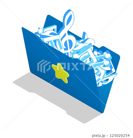 Isometric open music folder with musical notes and audio files. Archive library of online music store with catalog of songs and media. Realistic aerial view 3D vector isolated on white background 125020254