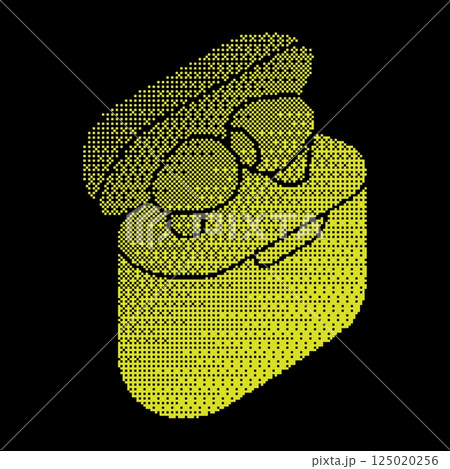 Pixel headphones in case halftone silhouette icon. Wireless headphones in protective charging case with cover. Portable device for listening to music. Simple black and yellow vector isolated on black Pixel headphones in case halftone silhouette icon. Wireless headphones in protective charging case with cover. Portable device for listening to music. Simple black and yellow vector isolated on black 125020256