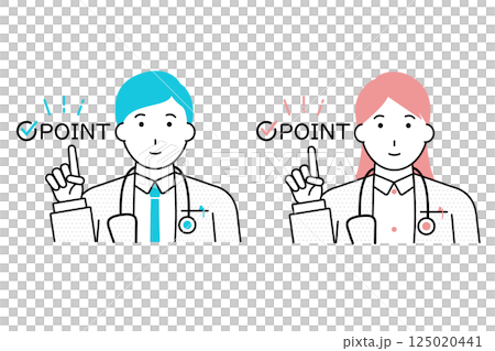 Illustration of a male and female doctor pointing at check marks and point letters Illustration of a male and female doctor pointing at check marks and point letters 125020441