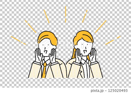 Illustration of a businessman and a businesswoman cheering by bringing their hands to their mouths Illustration of a businessman and a businesswoman cheering by bringing their hands to their mouths 125020493