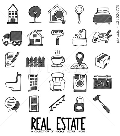 Real Estate Related Doodle vector icon set. Drawing sketch illustration hand drawn line eps10 125020779