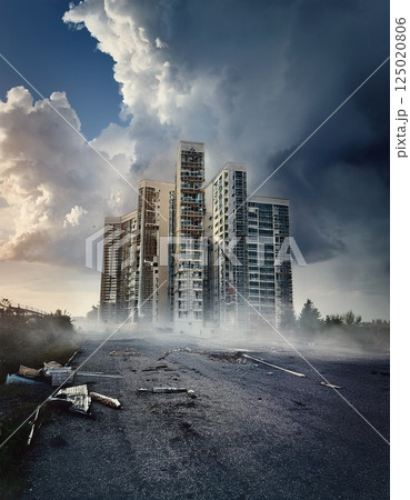 崩壊した砂煙が上がるビル　ai生成画像 125020806