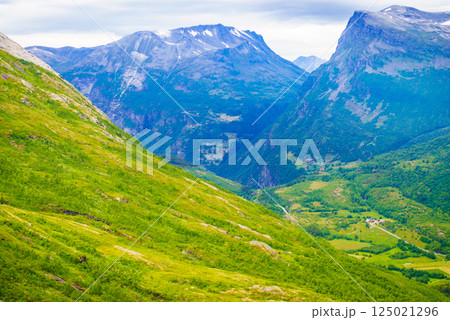 Norway landscape, mountains and green valley 125021296
