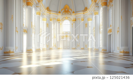 Elegant white palace grand hall with golden accents and large windows 125021436