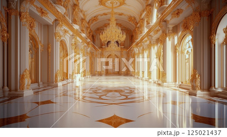 White palace baroque hall with golden accents and marble flooring 125021437