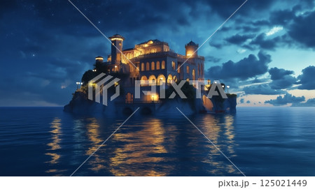 Mysterious illuminated castle reflects in waters near a rocky shore at dusk in a serene landscape Mysterious illuminated castle reflects in waters near a rocky shore at dusk in a serene landscape 125021449