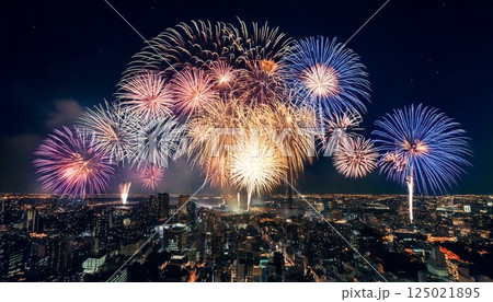 都市の上空に炸裂する打ち上げ花火の空撮CGイラスト 花火大会 都市の上空に炸裂する打ち上げ花火の空撮CGイラスト 花火大会 125021895