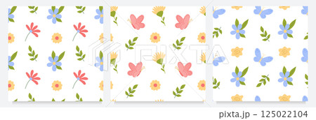 Set with seamless floral patterns. Collection of kids cute prints for textile wrapping scrap paper. Simple bright vector illustration 125022104