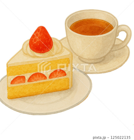 いちごのショートケーキと紅茶の水彩風イラスト 125022135