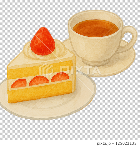 Strawberry shortcake and tea watercolor illustration 125022135