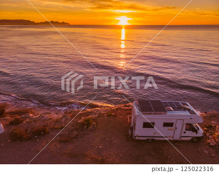 Rv caravan on spanish coast. Aerial view Rv caravan on spanish coast. Aerial view 125022316