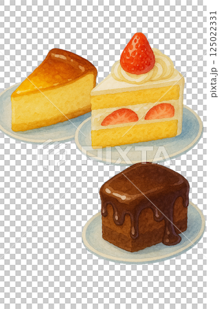 Watercolor illustration of a set of three types of cakes (cheesecake, shortcake, chocolate cake) Watercolor illustration of a set of three types of cakes (cheesecake, shortcake, chocolate cake) 125022331