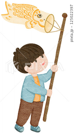 boy holding yellow koinobori childrens day japan 125022397