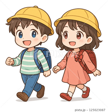 登校中の小学生の男の子と女の子 125023087