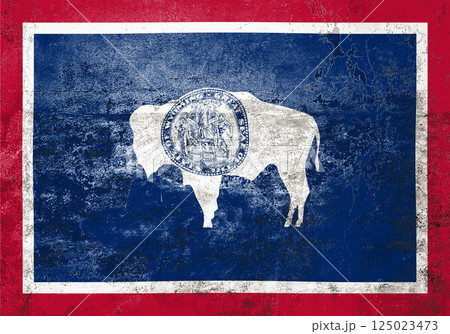 Wyoming State Flag. Dirty Wyoming state flag on the wall. 125023473