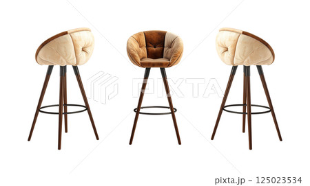 Stylish bar stools with modern design featuring plush, tufted seat and wooden legs. Perfect for adding elegance to any bar or kitchen setting Stylish bar stools with modern design featuring plush, tufted seat and wooden legs. Perfect for adding elegance to any bar or kitchen setting 125023534
