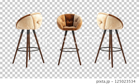 Stylish bar stools with modern design featuring plush, tufted seat and wooden legs. Perfect for adding elegance to any bar or kitchen setting Stylish bar stools with modern design featuring plush, tufted seat and wooden legs. Perfect for adding elegance to any bar or kitchen setting 125023534