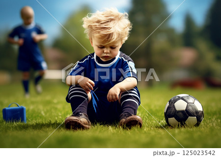 A little boy, a football player, feeling sad after losing a soccer match, showcasing emotions of disappointment and determination 125023542