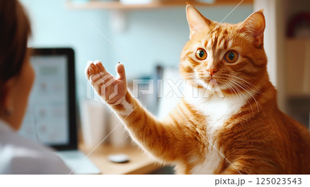 A curious ginger cat raising its paw as if participating in a conversation with people. The feline appears engaged, with wide eyes and perked ears 125023543