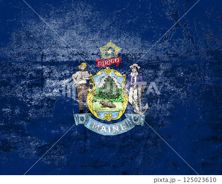 Maine State Flag. Dirty Maine state flag on the wall. 125023610