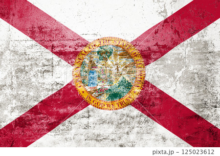 Florida State Flag. Dirty Florida state flag on the wall. 125023612