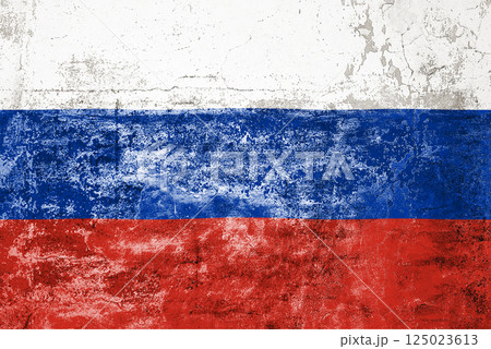 Russia State Flag. Dirty Russia state flag on the wall. 125023613