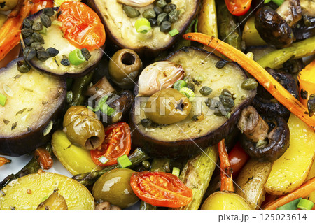 Assortment of baked vegetables. 125023614