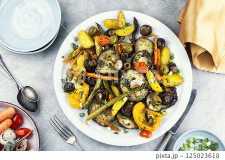 Tasty grilled vegetables, vegetarian food. Tasty grilled vegetables, vegetarian food. 125023618