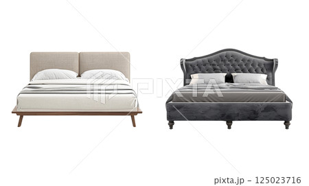 Modern bed designs showcase blend of comfort and style, featuring minimalist wooden frame on left and elegant tufted headboard on right. Both beds offer cozy retreat for restful nights 125023716