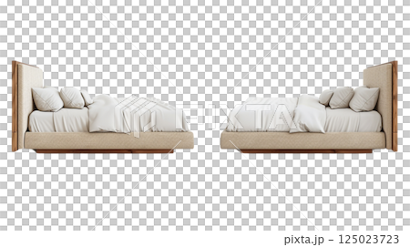 Luxurious modern beds with soft white bedding and plush pillows, showcasing minimalist design. Perfect for stylish bedroom setting, these beds offer comfort and elegance 125023723