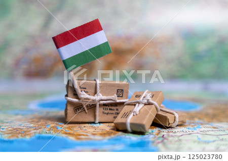 Flag of Hungary near the parcels on the world map. World trade. Exports and imports of goods. Economy of the country Flag of Hungary near the parcels on the world map. World trade. Exports and imports of goods. Economy of the country 125023780