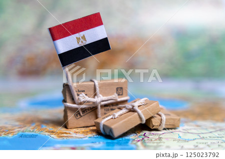 Flag of Egypt near the parcels on the world map. World trade. Exports and imports of goods. Economy of the country. 125023792